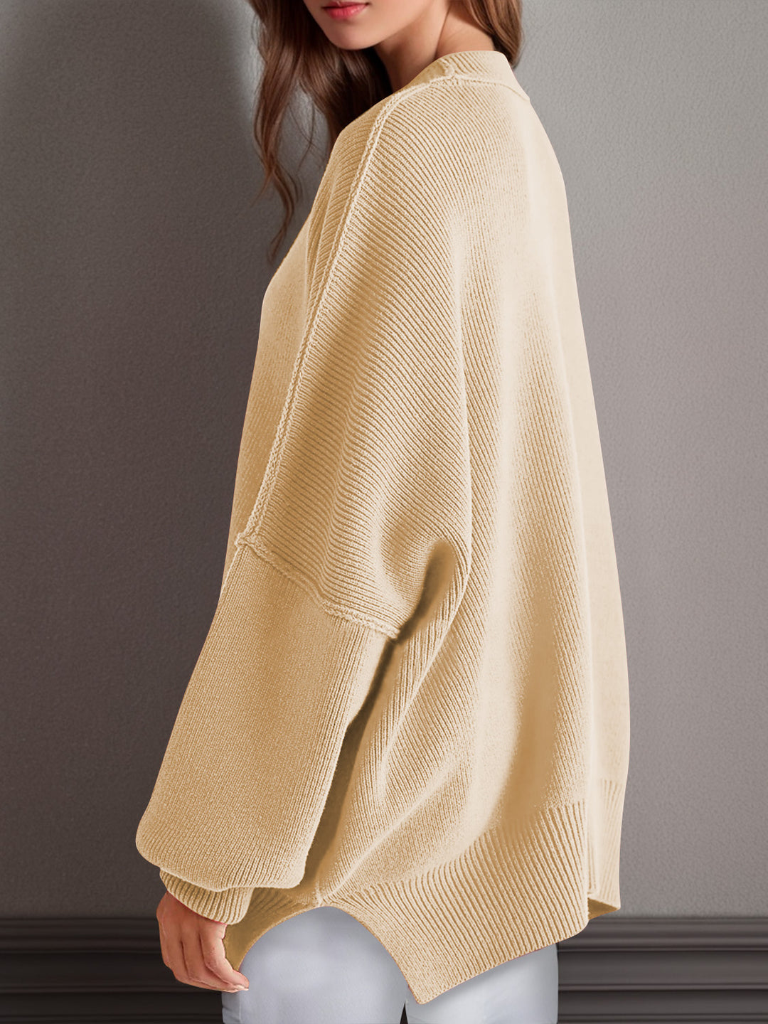 Chic Side Slit Long Sleeve Sweater with Round Neck