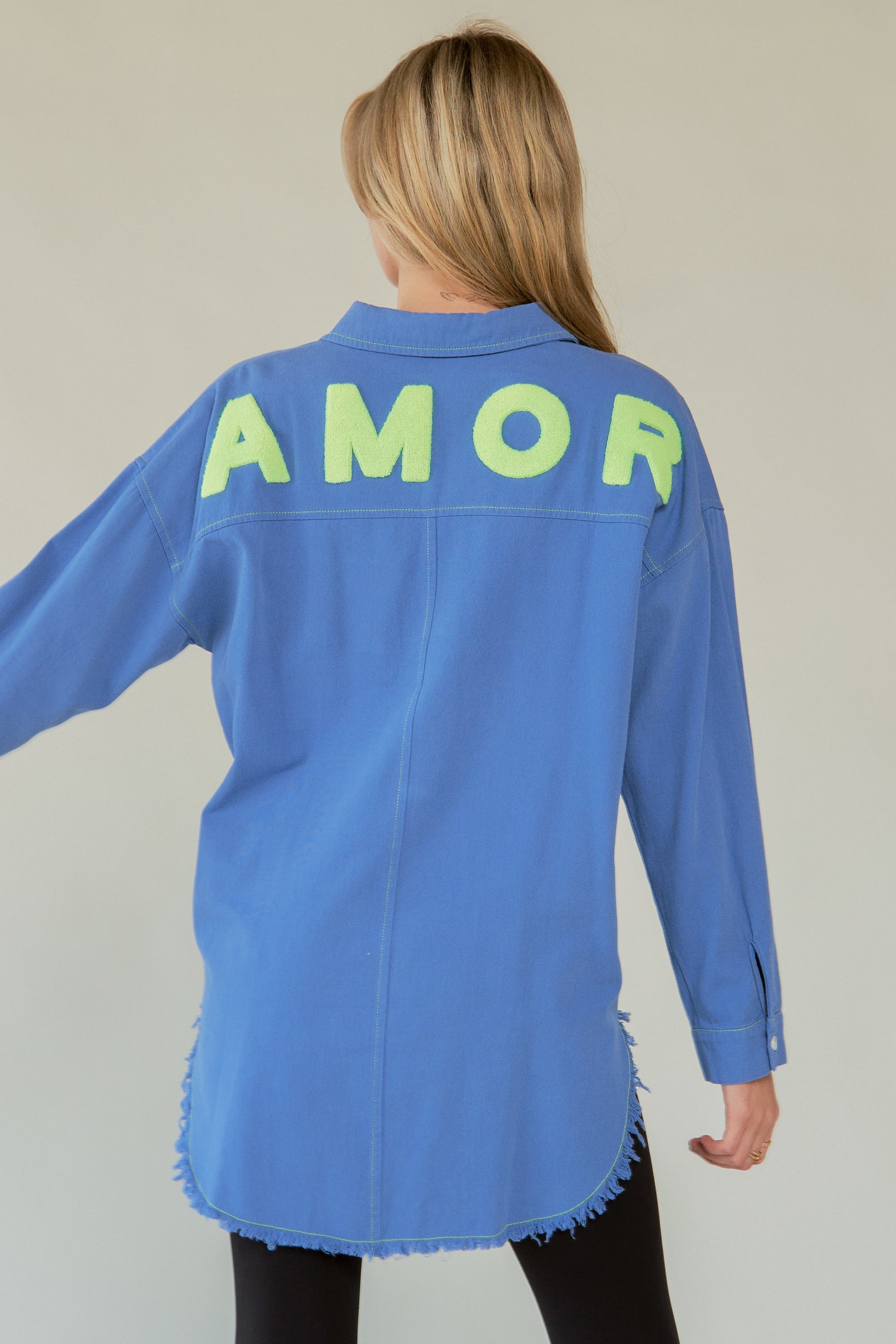 Davi & Dani Letter Back Raw Hem Half Button Shirt Style