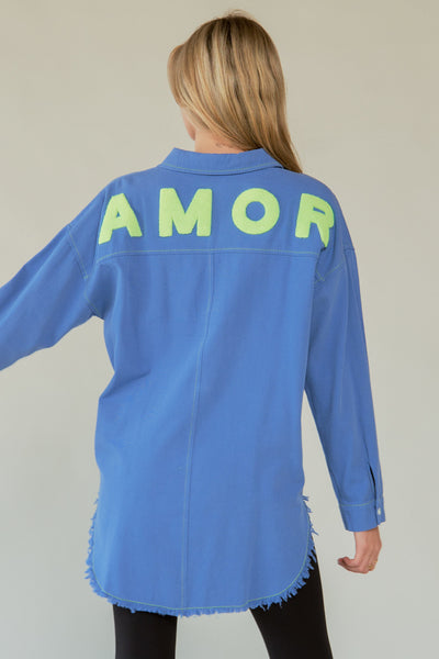 Davi & Dani Letter Back Raw Hem Half Button Shirt Style
