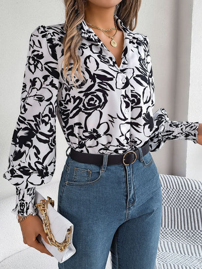 Stylish Printed Lantern Sleeve Button-Up Blouse for Women