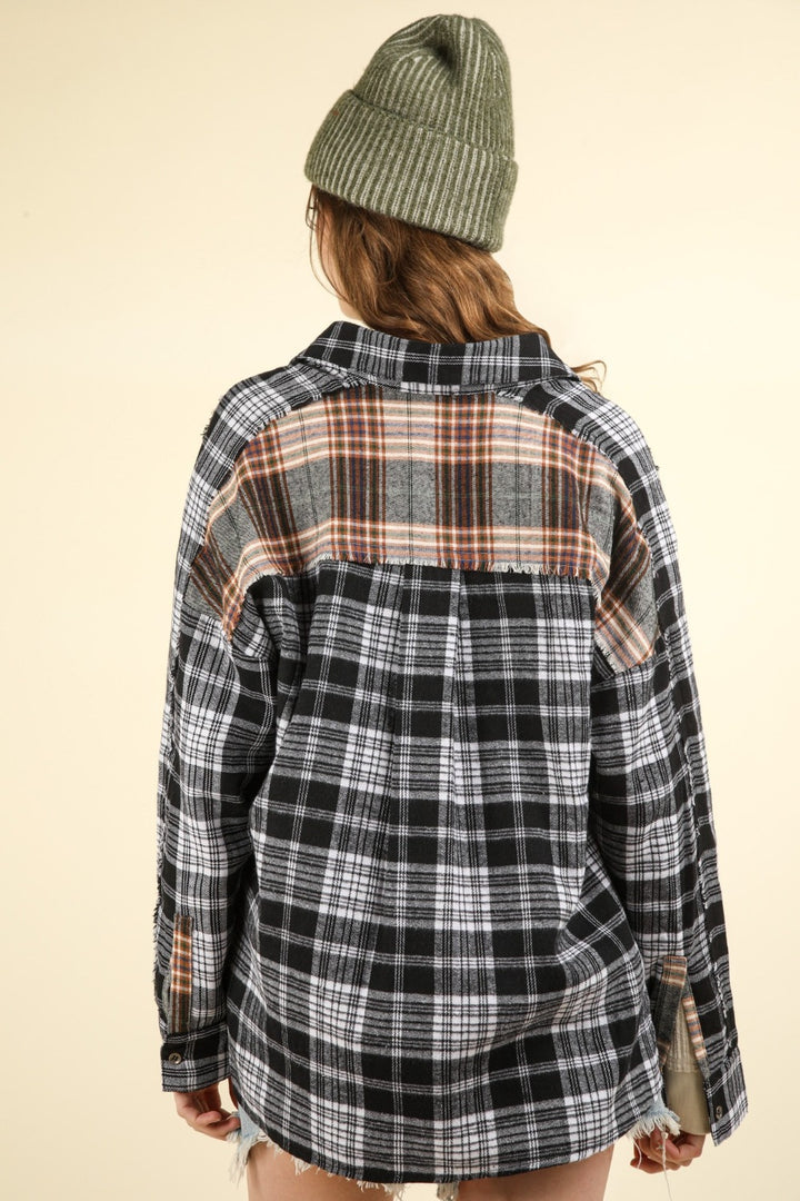 Plaid Chic Oversized Raw Detail Shirt by VERY J