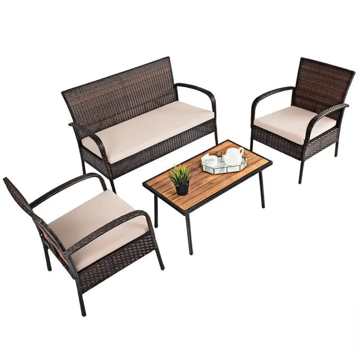 4PCS Patio Rattan Furniture Set Outdoor Conversation Set Coffee Table w/Cushions