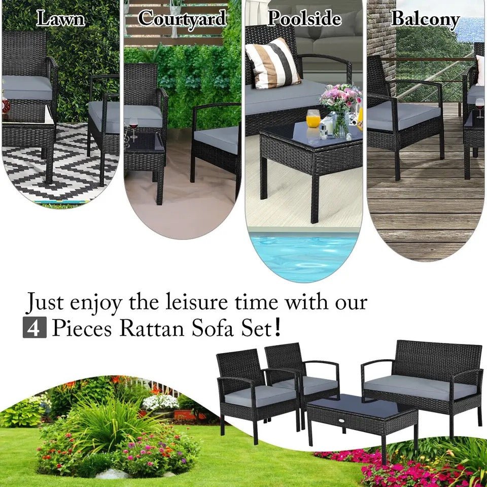 4PCS Patio Rattan Furniture Set Outdoor Conversation Set Coffee Table w/Cushions