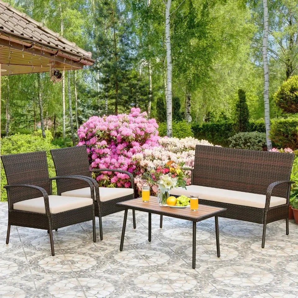 4PCS Patio Rattan Furniture Set Outdoor Conversation Set Coffee Table w/Cushions