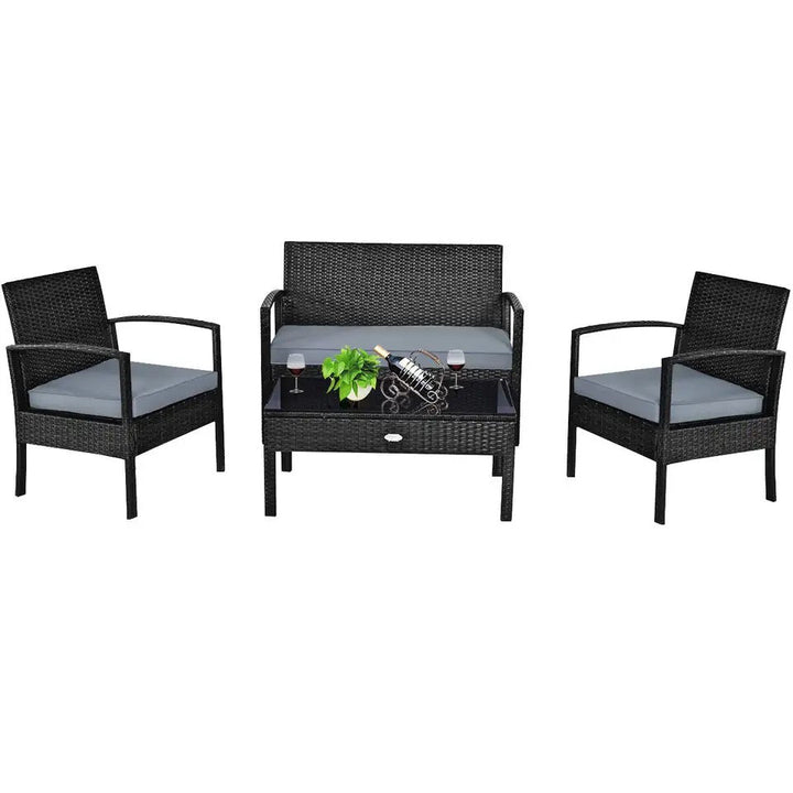 4PCS Patio Rattan Furniture Set Outdoor Conversation Set Coffee Table w/Cushions