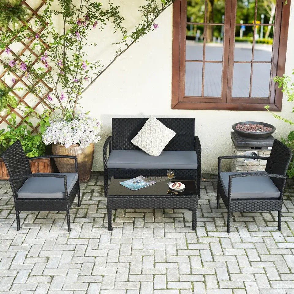 4PCS Patio Rattan Furniture Set Outdoor Conversation Set Coffee Table w/Cushions