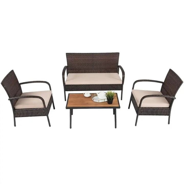 4PCS Patio Rattan Furniture Set Outdoor Conversation Set Coffee Table w/Cushions