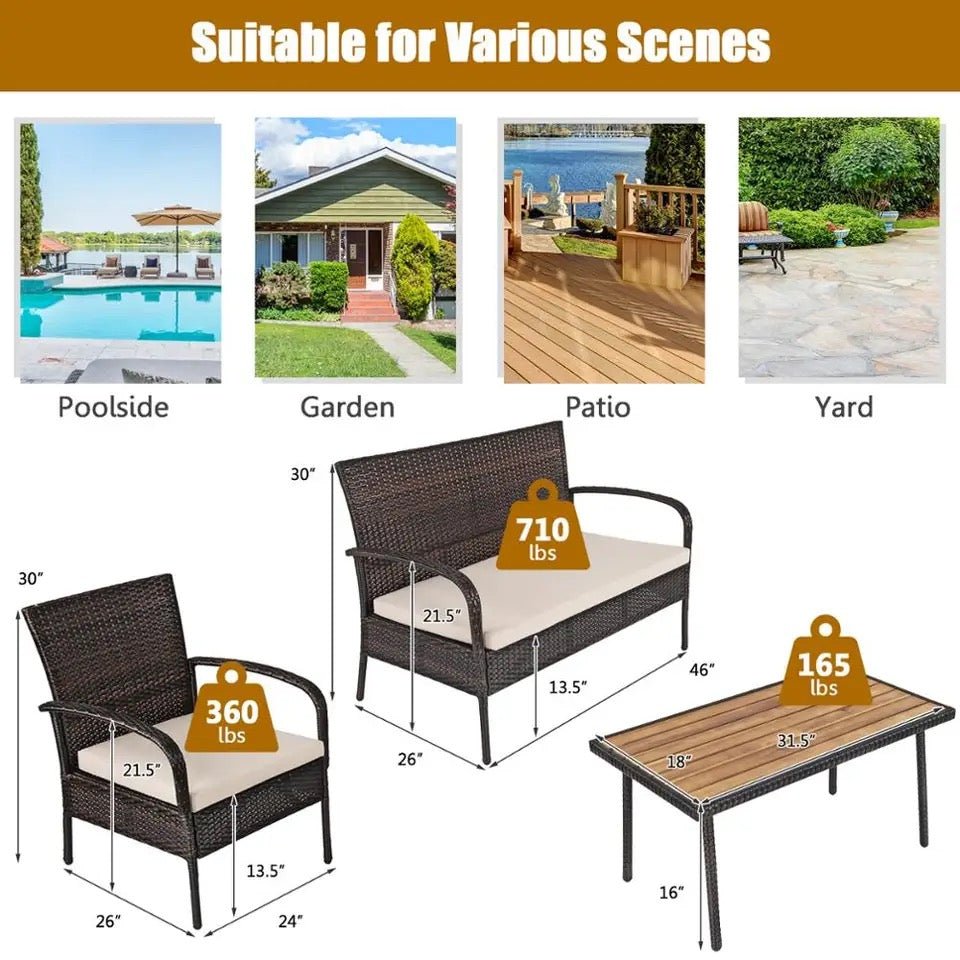 4PCS Patio Rattan Furniture Set Outdoor Conversation Set Coffee Table w/Cushions