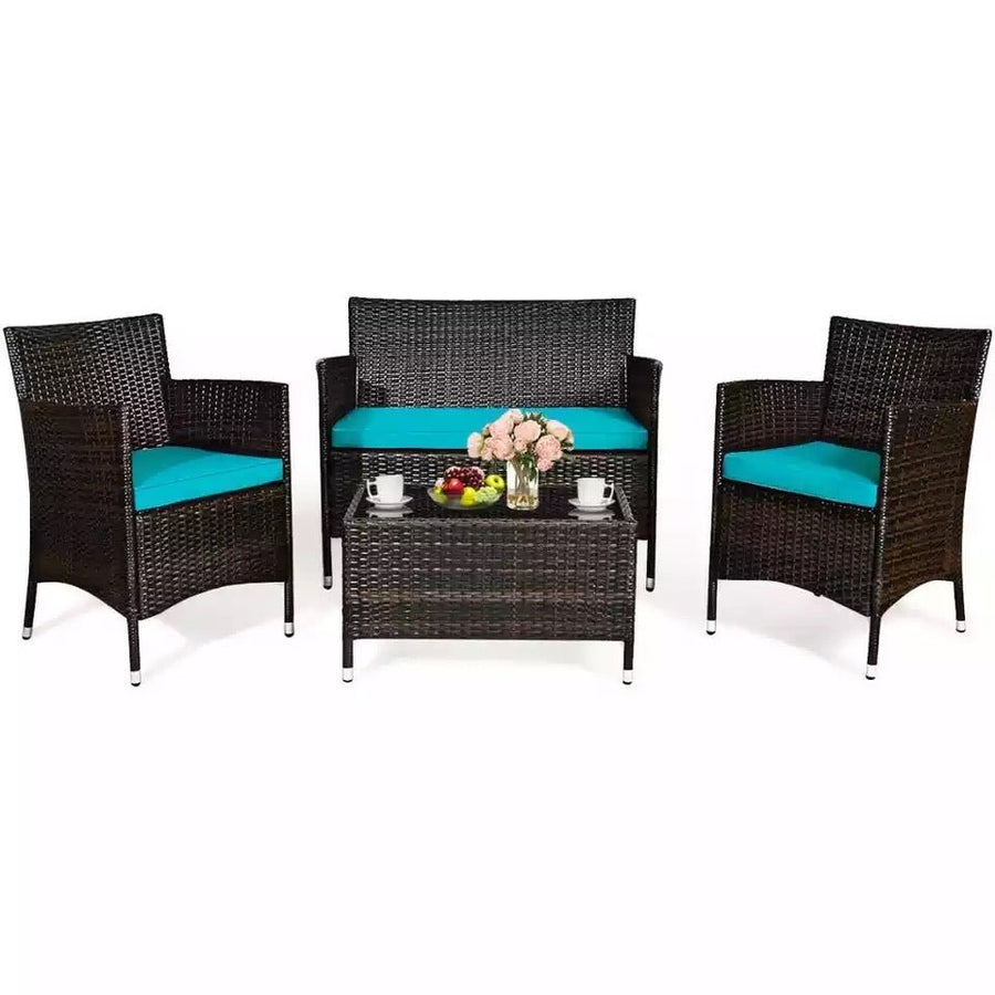 4PCS Rattan Patio Furniture Set Cushioned Sofa Chair Coffee TableTurquoise - Ruth Envision
