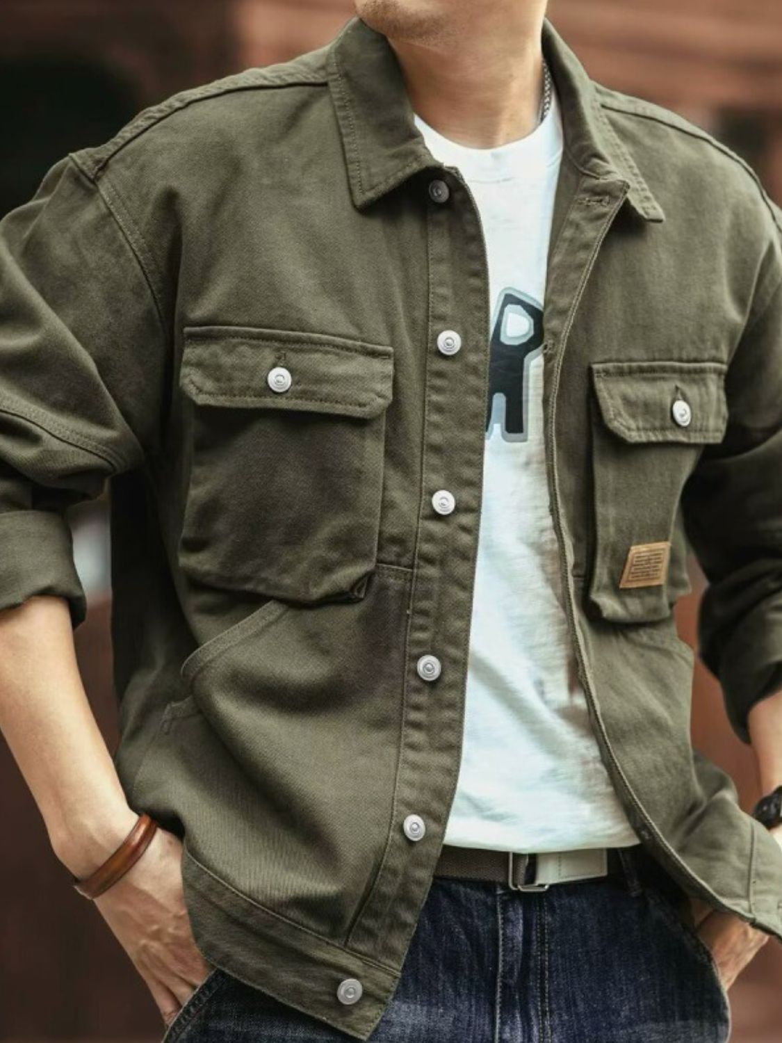 Men's Washed Collared Neck Cargo Jacket for Casual Style