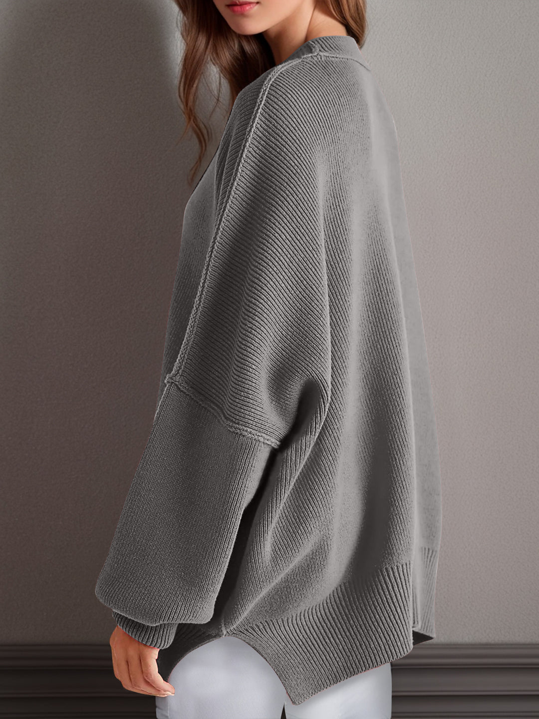 Chic Side Slit Long Sleeve Sweater with Round Neck