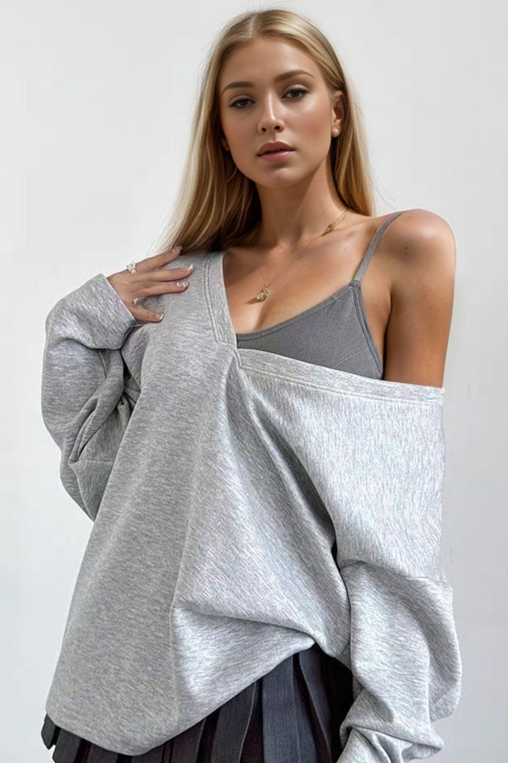 Chic V-Neck Long Sleeve Sweatshirt with Built-in Bra