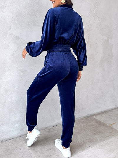 Cropped Zip-Up Long Sleeve Top and Jogger Set for Women