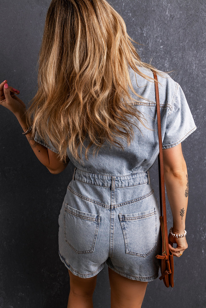 Collared Short Sleeve Denim Jumpsuit for Effortless Style