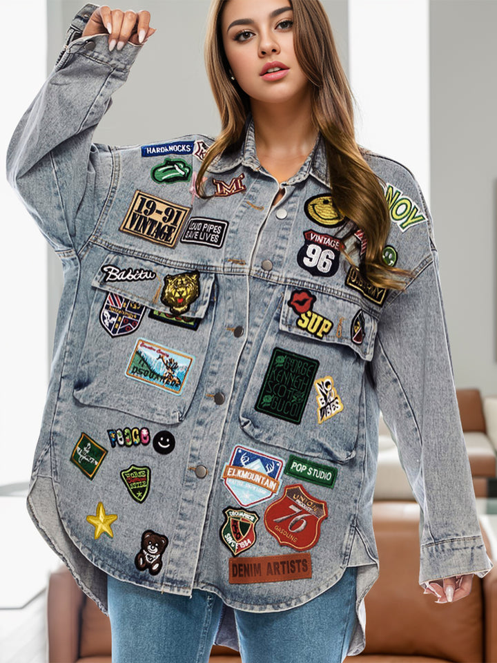 Stylish Embroidered Patch Long Sleeve Denim Jacket with Button Closure