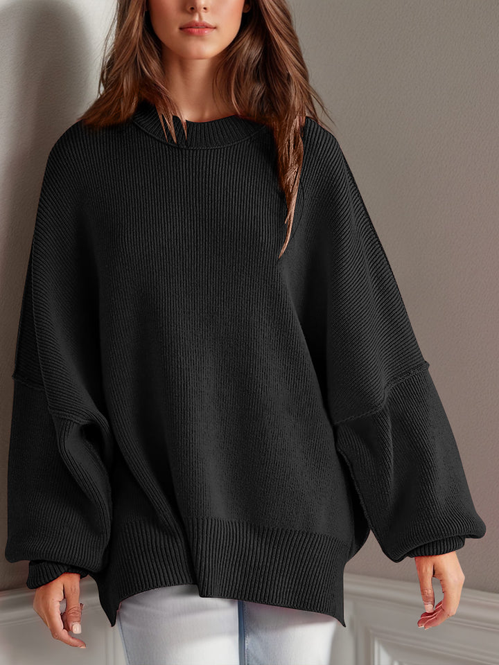 Chic Side Slit Long Sleeve Sweater with Round Neck