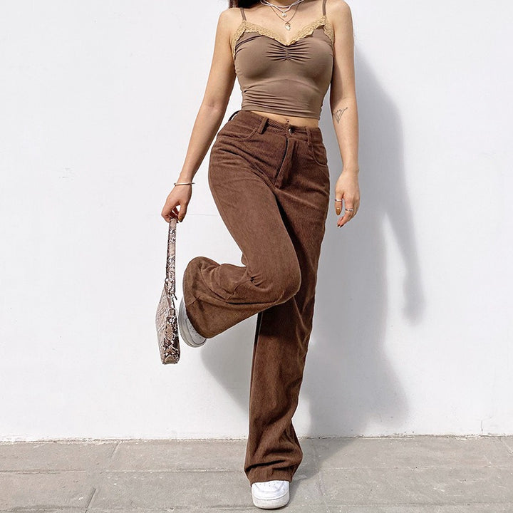 Retro High-Waisted Loose-Fit Wide-Leg Corduroy Trousers for Women