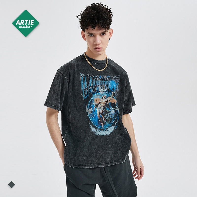 Casual Cartoon Print Oversized Tee with Distressed Sleeves