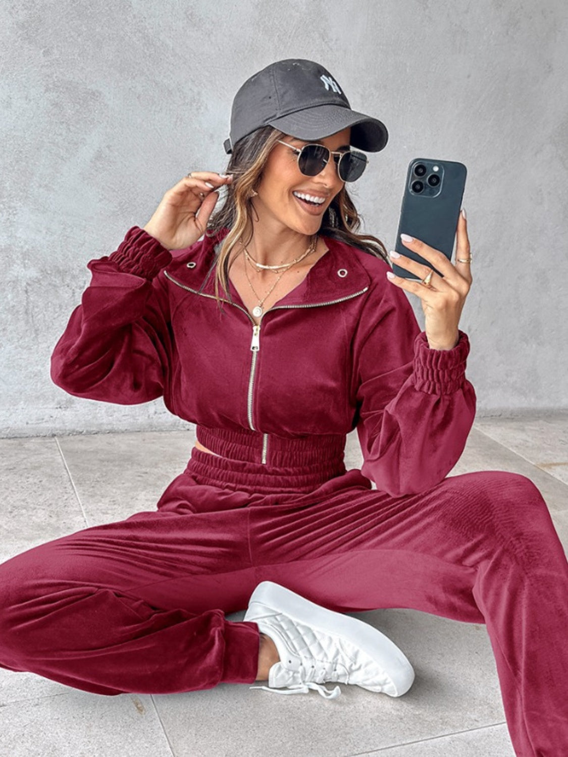 Cropped Zip-Up Long Sleeve Top and Jogger Set for Women