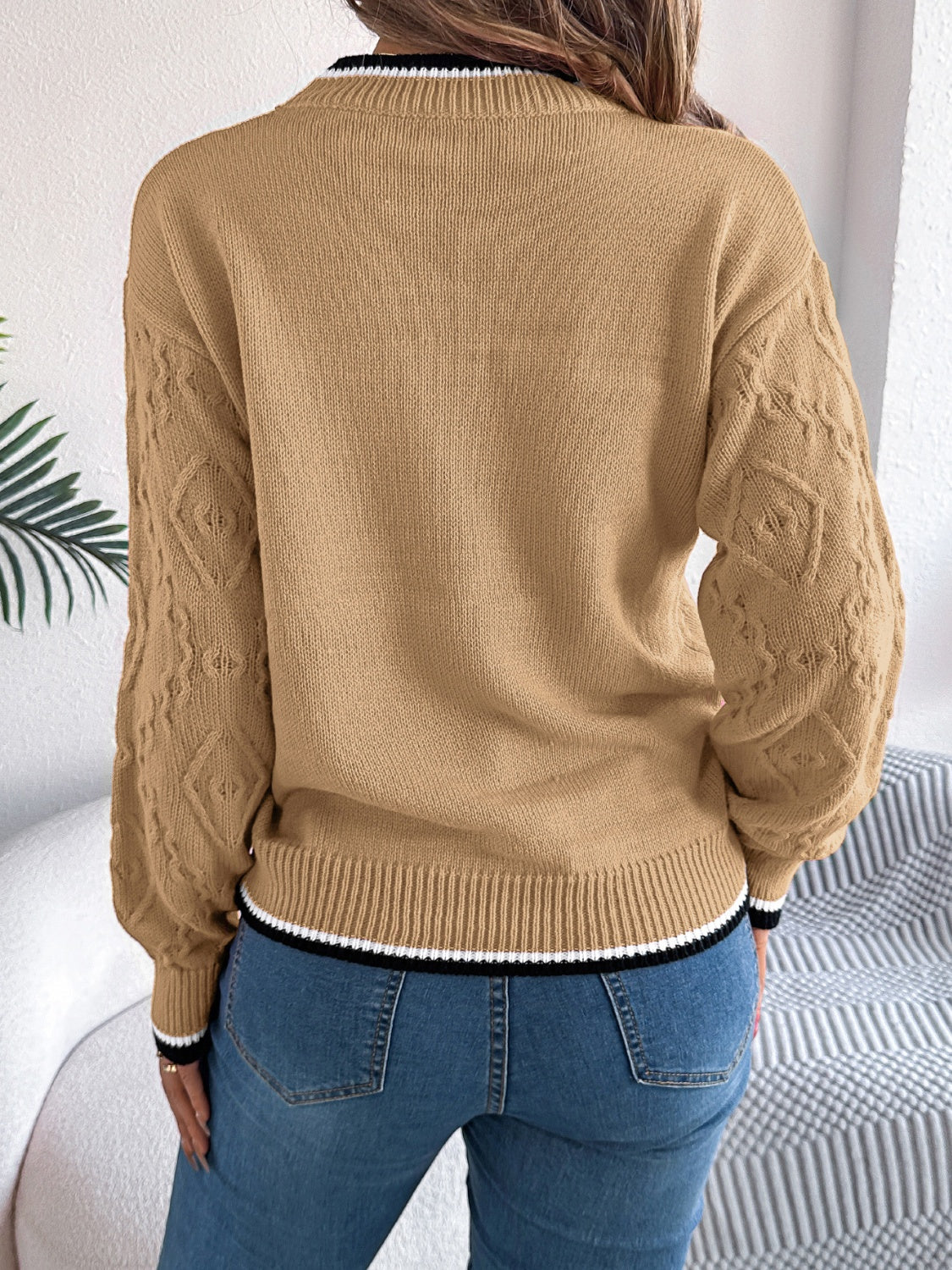 Contrast Trim Round Neck Long Sleeve Sweater for Women
