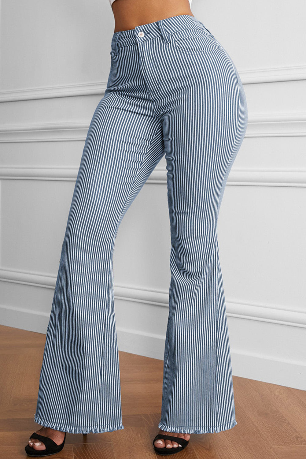 Fringe-Detailed Striped Bell Bottom Pants