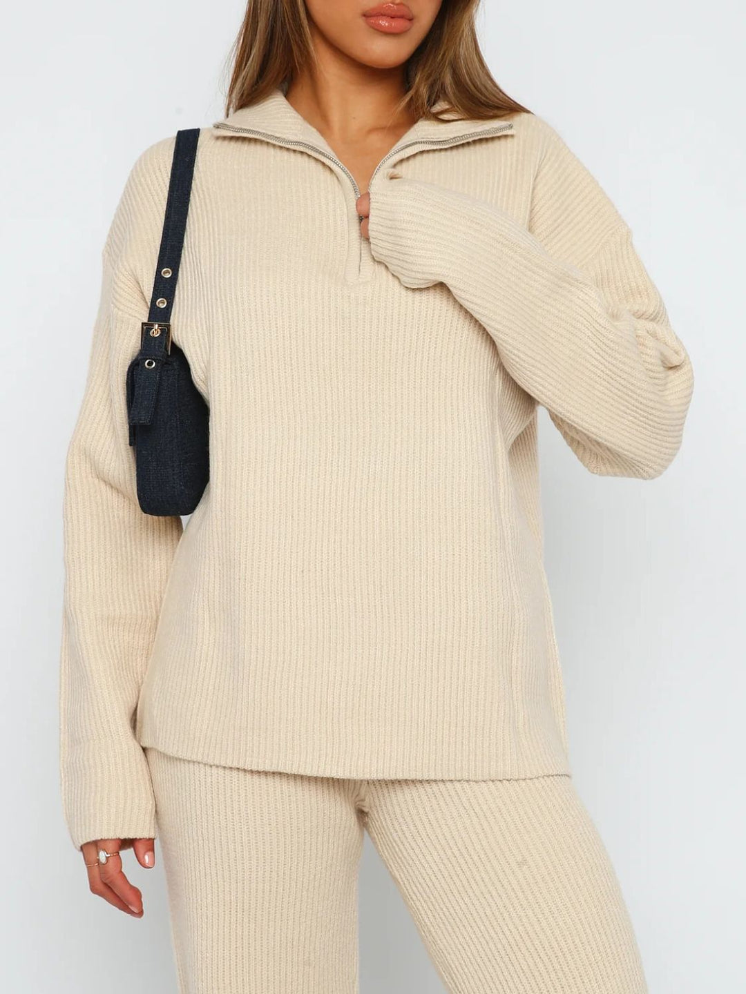 Chic Ribbed Quarter Zip Lounge Set with Long Sleeve Top and Bottom