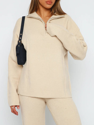 Chic Ribbed Quarter Zip Lounge Set with Long Sleeve Top