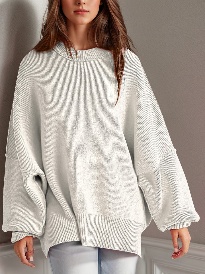 Chic Side Slit Long Sleeve Sweater with Round Neck