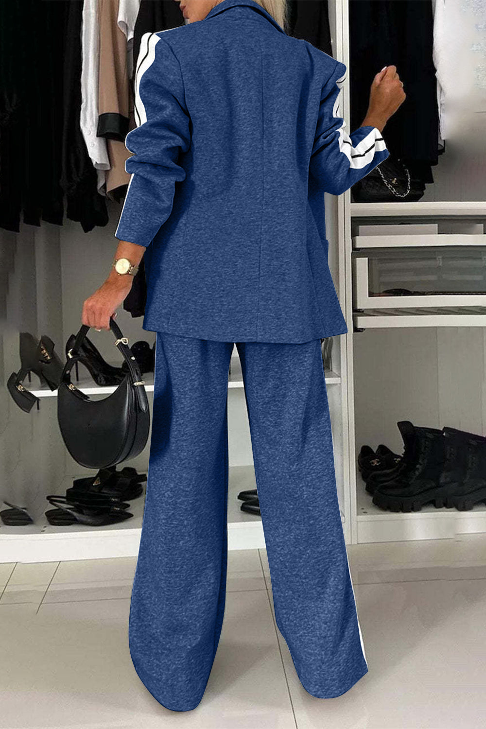 Full Size Contrast Lapel Collar Top and Pants Set for Women