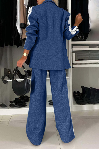 Full Size Contrast Lapel Collar Top and Pants Set for Women