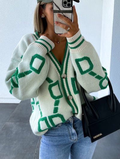 Geometric Dropped Shoulder Button Down Cardigan for Women