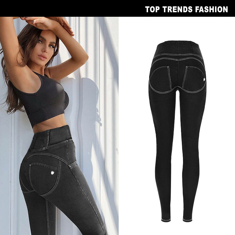 Fitness Yoga Trousers Women's High Waist Elastic Denim Version Peach Buttocks Hip Trousers Washed Black