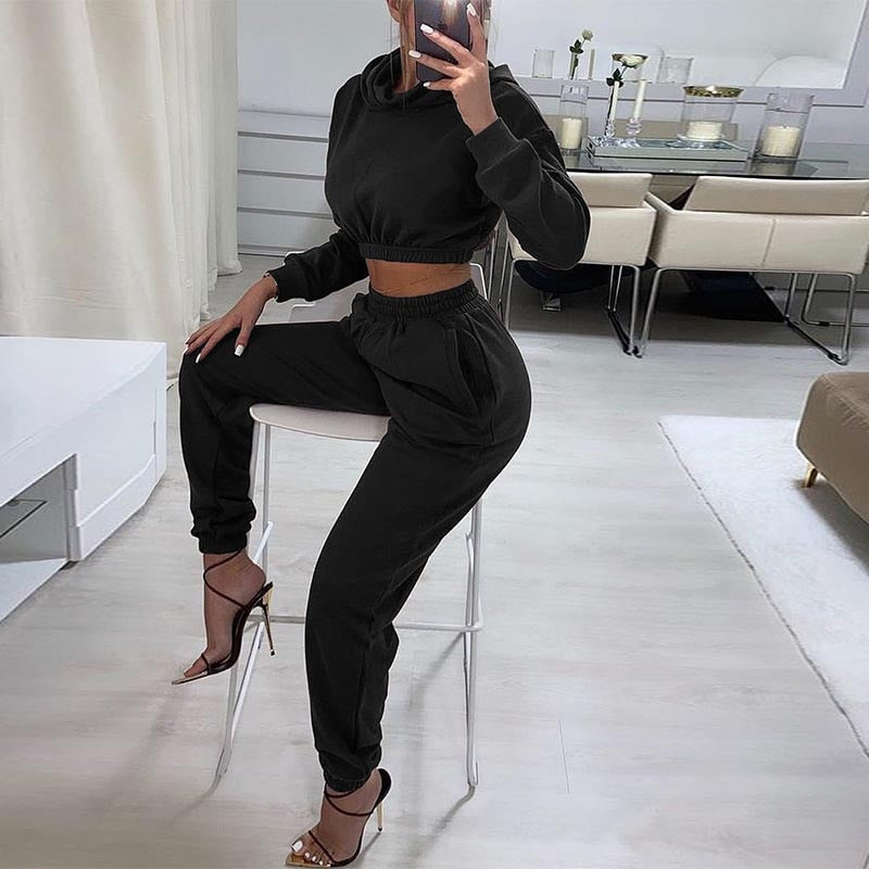 Chic Women’s Casual Solid Tracksuit Set for Autumn and Winter - Stylish Hoodie and Trouser Combo