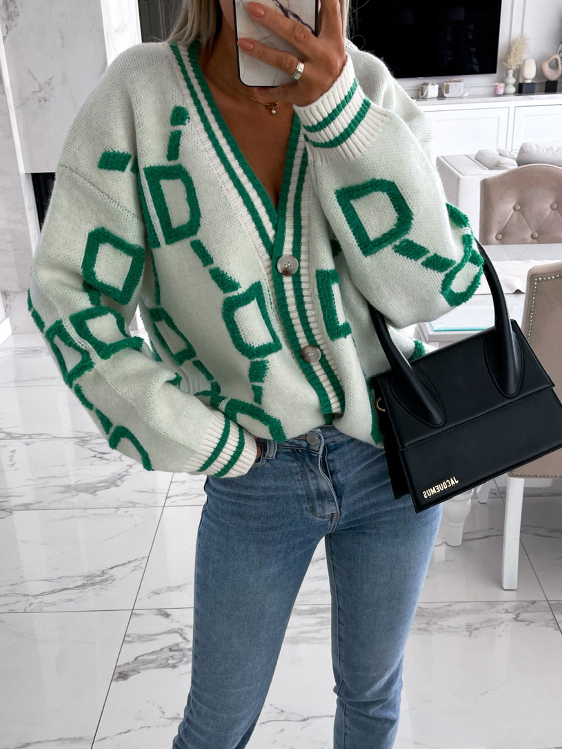 Geometric Dropped Shoulder Button Down Cardigan for Women