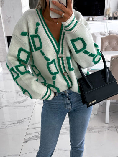 Geometric Dropped Shoulder Button Down Cardigan for Women