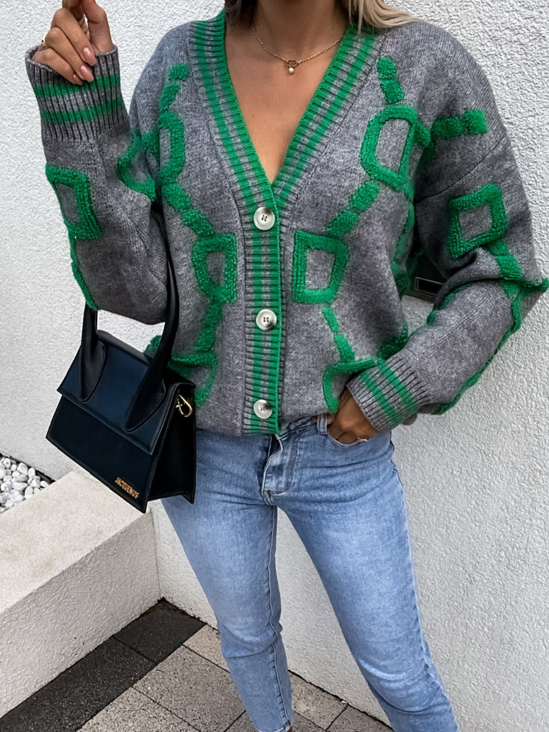 Geometric Dropped Shoulder Button Down Cardigan for Women