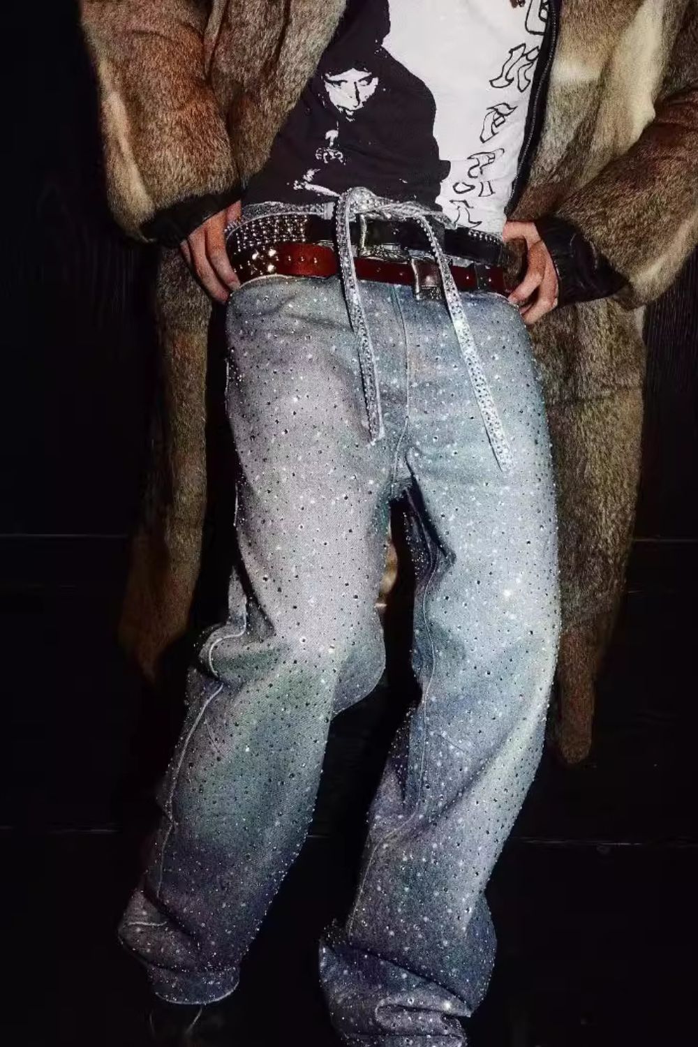 Men's Washed Rhinestone Jeans with Rhinestone Belt Stylish