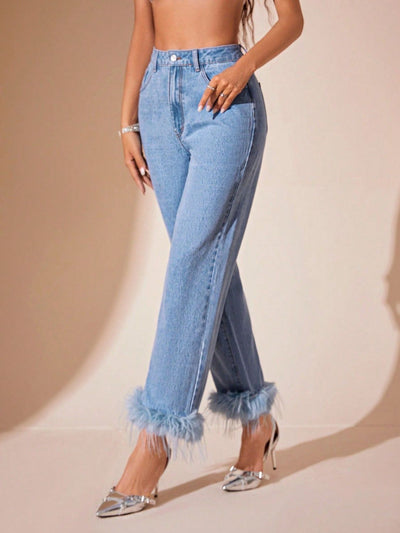 Plush Hem High Rise Straight Jeans for Women in Various Sizes