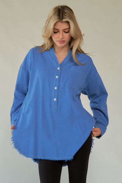 Davi & Dani Letter Back Raw Hem Half Button Shirt Style