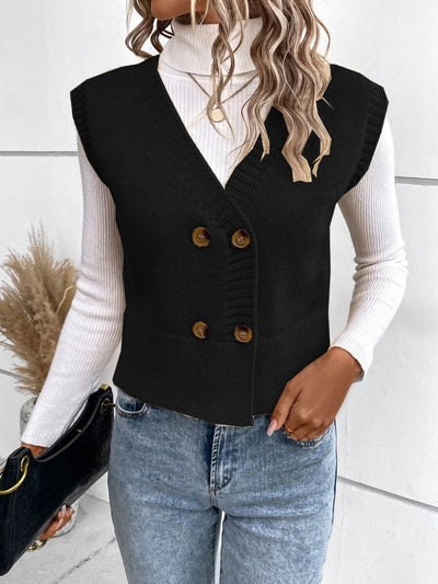 Full Size Button Up V-Neck Sweater Vest for Women
