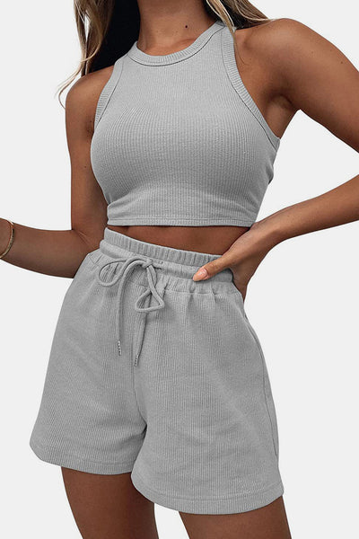 Stylish Round Neck Lounge Set with Adjustable Shorts Set