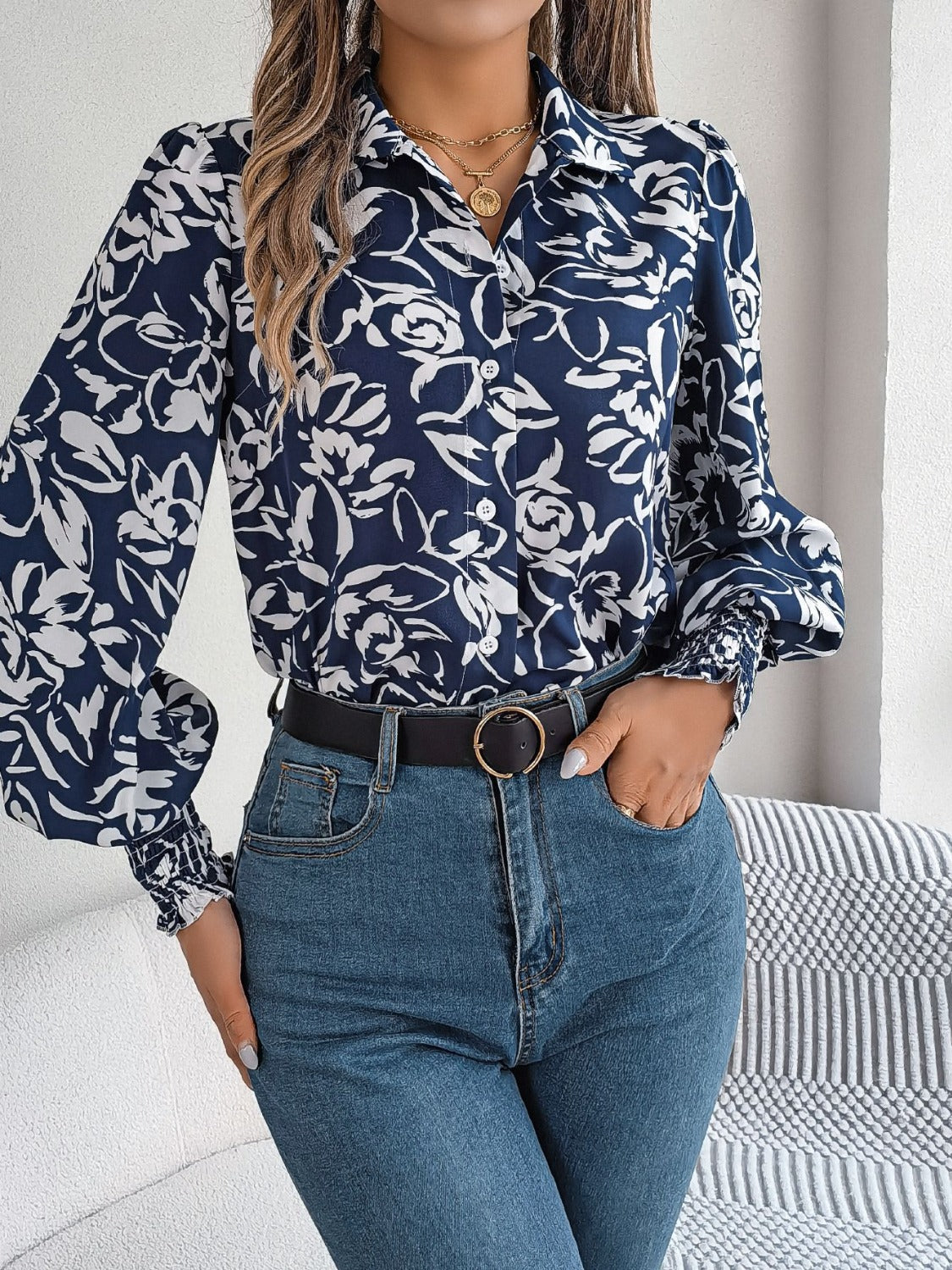 Stylish Printed Lantern Sleeve Button-Up Blouse for Women