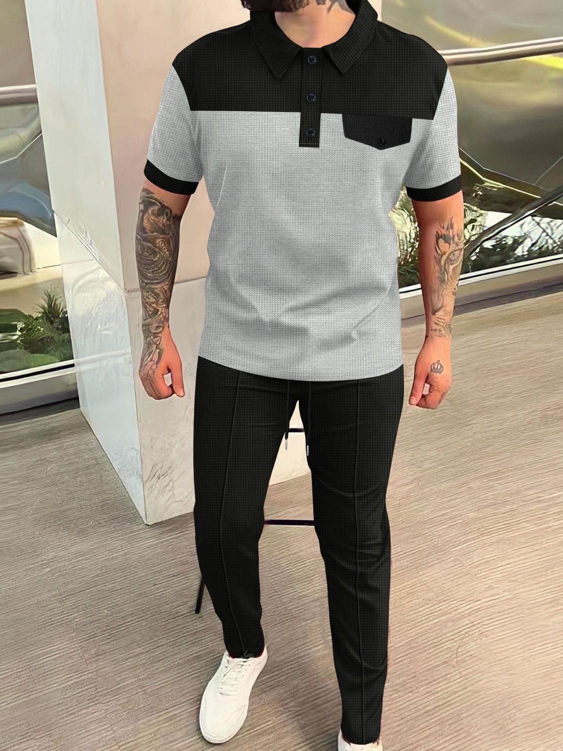 Men's Full Size Waffle-Knit Contrast Top and Pants Set Plus Size