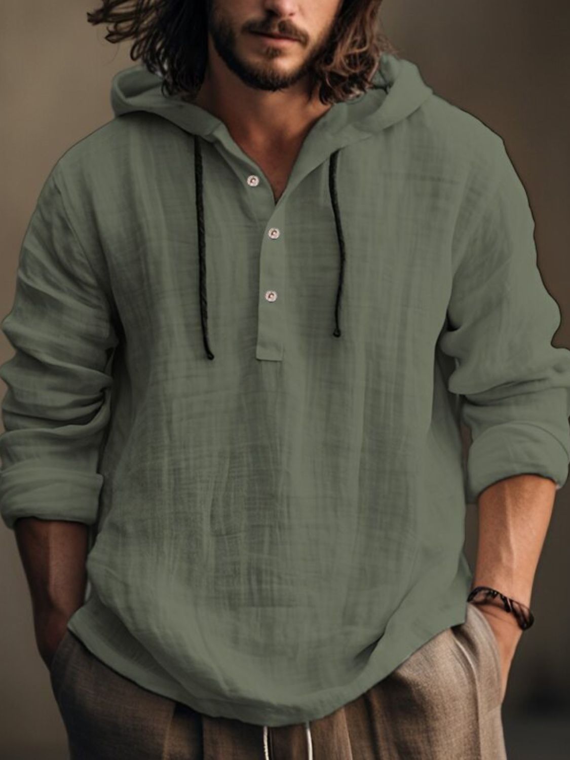 Men's Full Size Half Button Long Sleeve Hoodie for Comfort