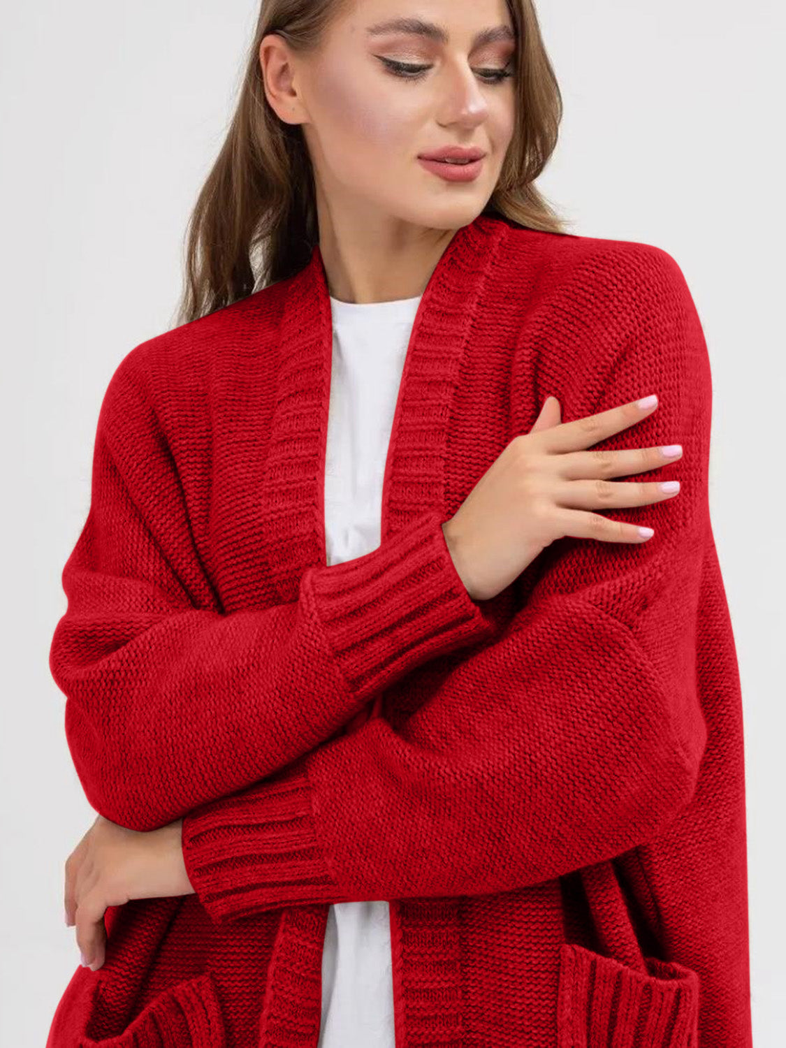 Pocketed Open Front Long Sleeve Longline Cardigan for Women
