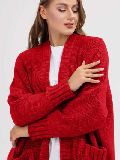 Pocketed Open Front Long Sleeve Longline Cardigan for Women