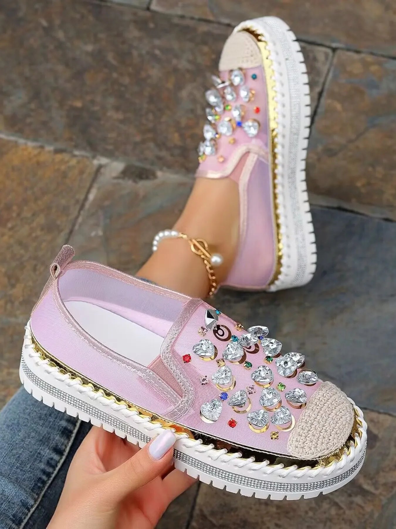 Rhinestone Platform Slip-Ons