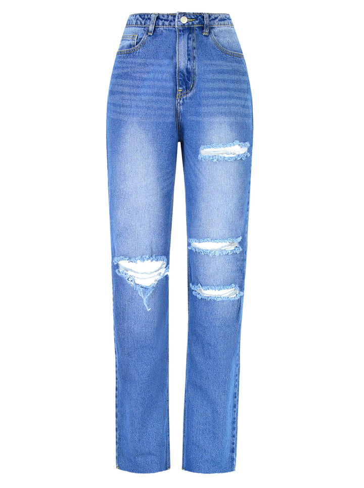 Chic High-Waisted Distressed Straight Leg Jeans for Women - Vintage-Inspired Washed Streetwear