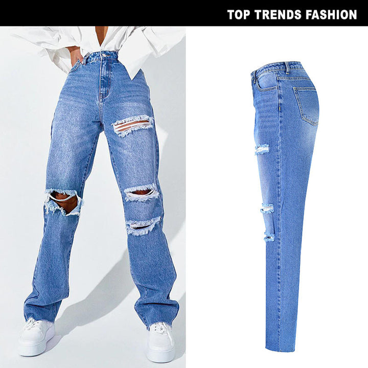 Chic High-Waisted Distressed Straight Leg Jeans for Women - Vintage-Inspired Washed Streetwear