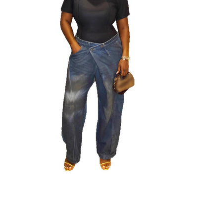 Women’s Streetwear Distressed Washed Denim Pants with Knife Cut Design